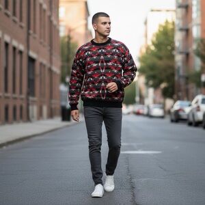 Tyrolia Skiwear Vintage Mens Medium / Large Southwestern Aztec Sweater Red Black